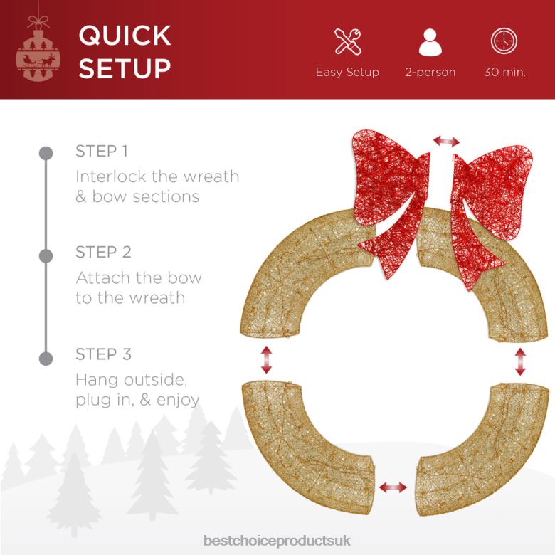 Seasonal Best Choice ProductsPre-Lit Outdoor Christmas Wreath, LED Metal Holiday Decor w/ Bow N62R123 Gold/Red