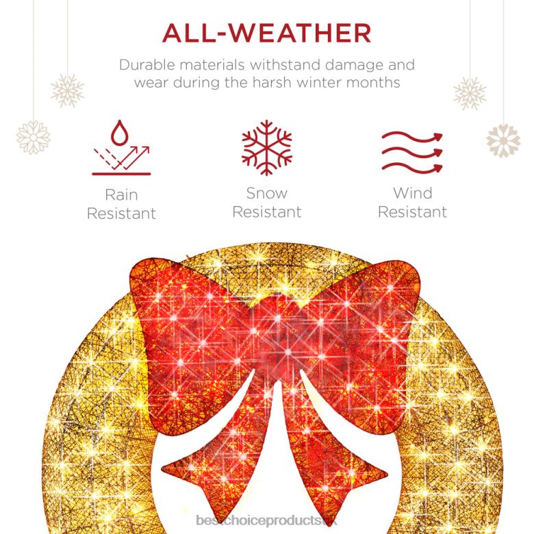 Seasonal Best Choice ProductsPre-Lit Outdoor Christmas Wreath, LED Metal Holiday Decor w/ Bow N62R123 Gold/Red
