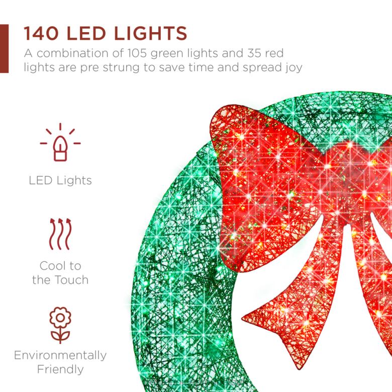 Seasonal Best Choice ProductsPre-Lit Outdoor Christmas Wreath, LED Metal Holiday Decor w/ Bow N62R124 Green/Red