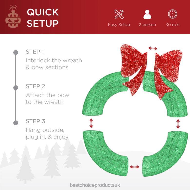 Seasonal Best Choice ProductsPre-Lit Outdoor Christmas Wreath, LED Metal Holiday Decor w/ Bow N62R124 Green/Red