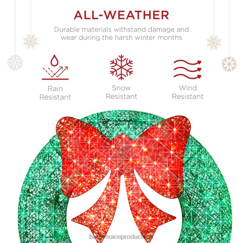 Seasonal Best Choice ProductsPre-Lit Outdoor Christmas Wreath, LED Metal Holiday Decor w/ Bow N62R124 Green/Red