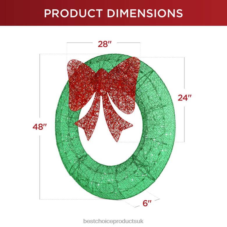 Seasonal Best Choice ProductsPre-Lit Outdoor Christmas Wreath, LED Metal Holiday Decor w/ Bow N62R124 Green/Red
