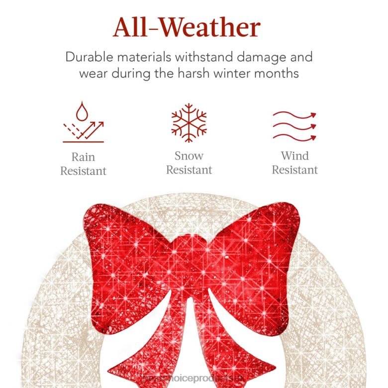 Seasonal Best Choice ProductsPre-Lit Outdoor Christmas Wreath, LED Metal Holiday Decor w/ Bow N62R126 White/Red