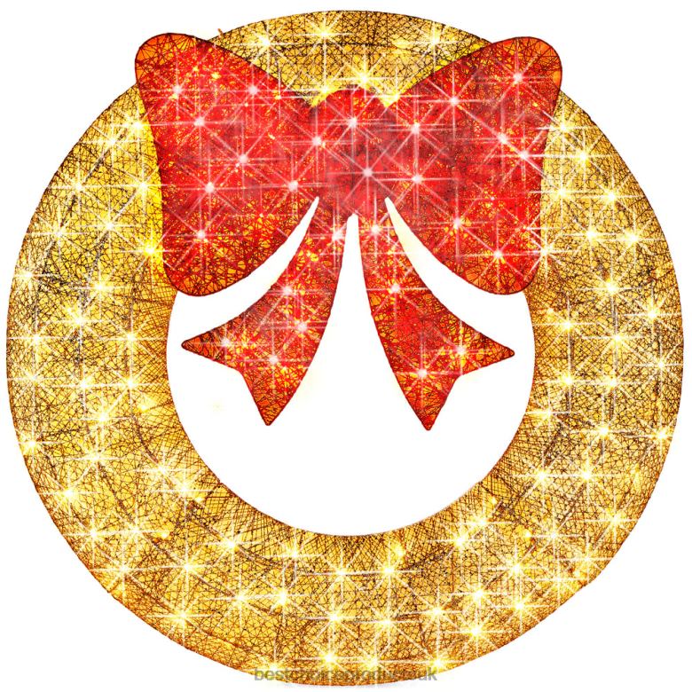 Seasonal Best Choice ProductsPre-Lit Outdoor Christmas Wreath, LED Metal Holiday Decor w/ Bow N62R127 Gold/Red