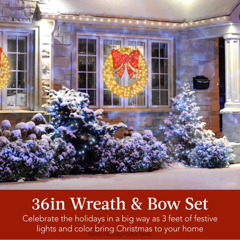 Seasonal Best Choice ProductsPre-Lit Outdoor Christmas Wreath, LED Metal Holiday Decor w/ Bow N62R127 Gold/Red
