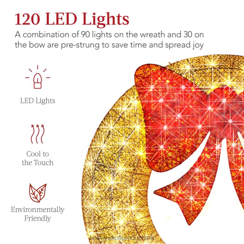 Seasonal Best Choice ProductsPre-Lit Outdoor Christmas Wreath, LED Metal Holiday Decor w/ Bow N62R127 Gold/Red