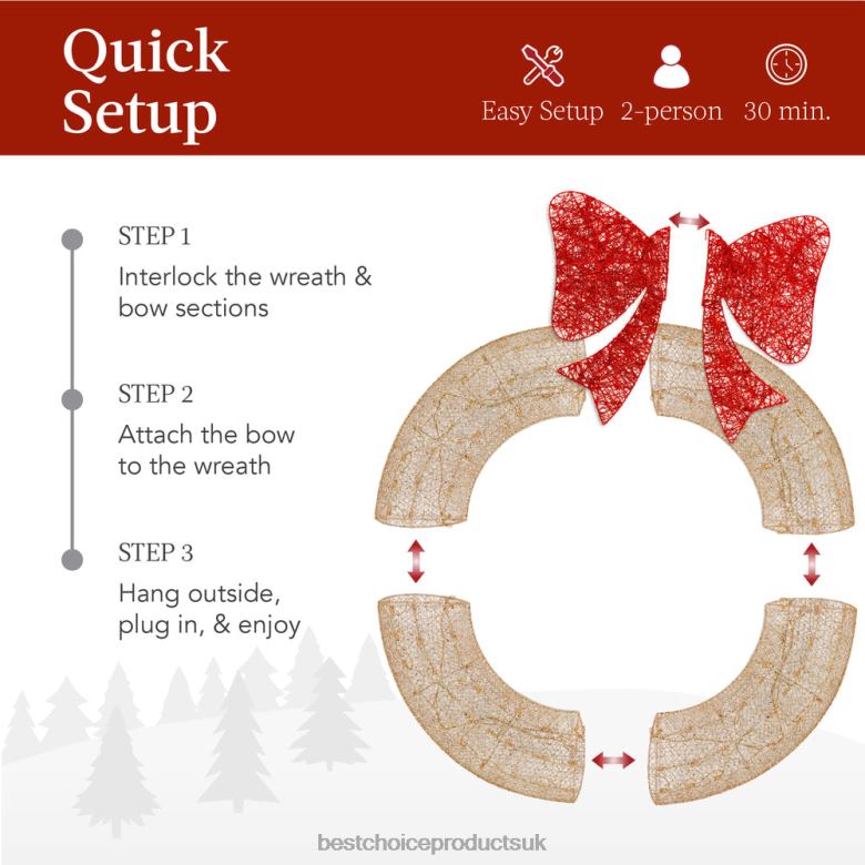 Seasonal Best Choice ProductsPre-Lit Outdoor Christmas Wreath, LED Metal Holiday Decor w/ Bow N62R127 Gold/Red