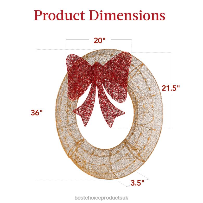 Seasonal Best Choice ProductsPre-Lit Outdoor Christmas Wreath, LED Metal Holiday Decor w/ Bow N62R127 Gold/Red