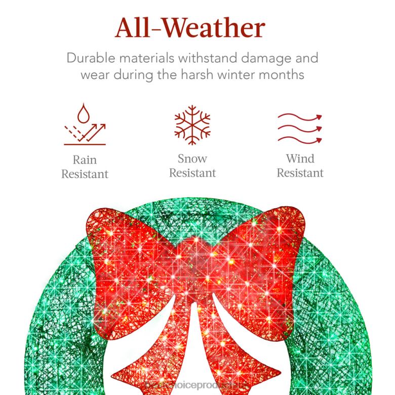 Seasonal Best Choice ProductsPre-Lit Outdoor Christmas Wreath, LED Metal Holiday Decor w/ Bow N62R128 Green/Red