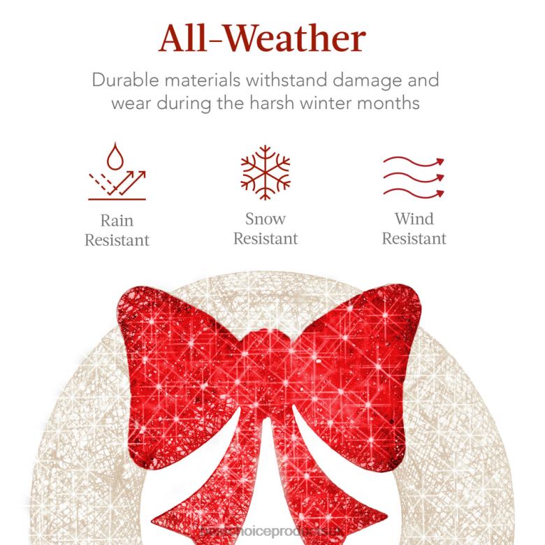 Seasonal Best Choice ProductsPre-Lit Outdoor Christmas Wreath, LED Metal Holiday Decor w/ Bow N62R130 White/Red