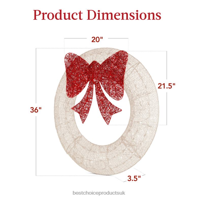 Seasonal Best Choice ProductsPre-Lit Outdoor Christmas Wreath, LED Metal Holiday Decor w/ Bow N62R130 White/Red
