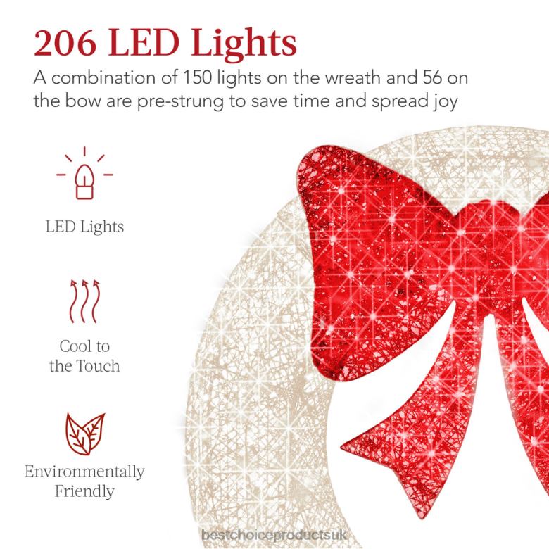 Seasonal Best Choice ProductsPre-Lit Outdoor Christmas Wreath, LED Metal Holiday Decor w/ Bow N62R212 White/Red