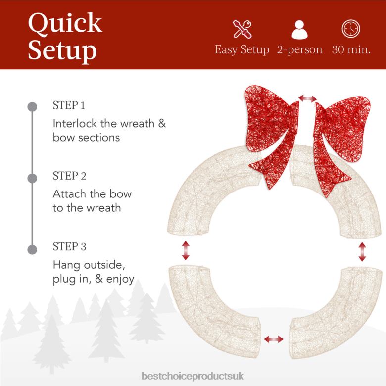 Seasonal Best Choice ProductsPre-Lit Outdoor Christmas Wreath, LED Metal Holiday Decor w/ Bow N62R212 White/Red