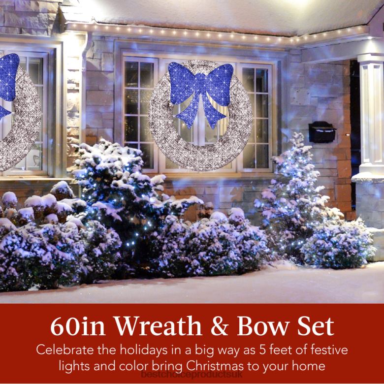 Seasonal Best Choice ProductsPre-Lit Outdoor Christmas Wreath, LED Metal Holiday Decor w/ Bow N62R213 Silver/Blue