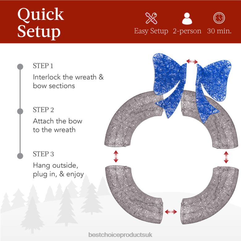 Seasonal Best Choice ProductsPre-Lit Outdoor Christmas Wreath, LED Metal Holiday Decor w/ Bow N62R213 Silver/Blue