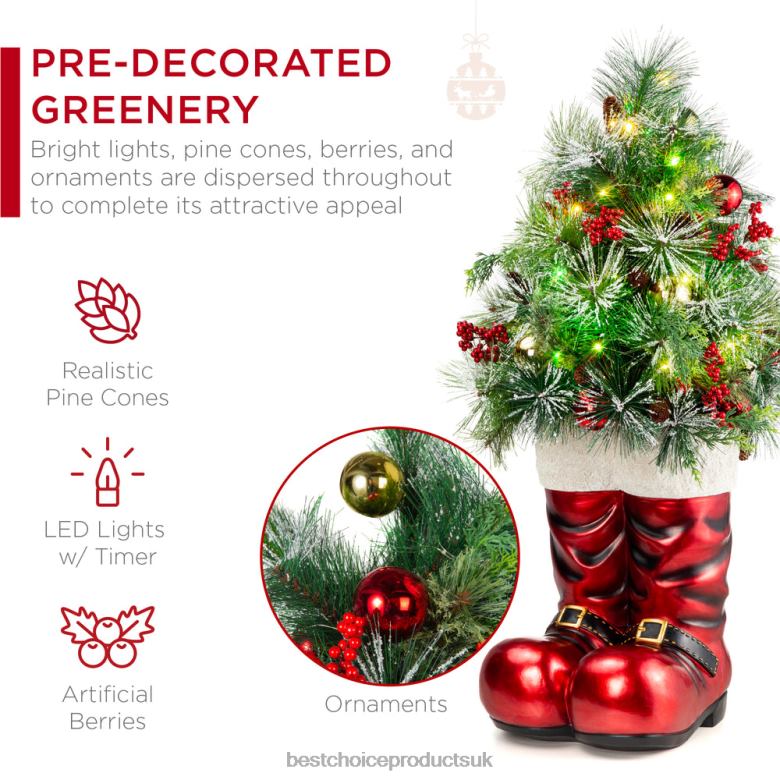 Seasonal Best Choice ProductsSanta Boots w/ Pre-Decorated Christmas Greenery, Lights N62R107 Red