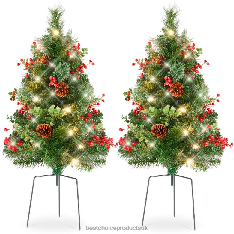 Seasonal Best Choice ProductsSet of 2 Pre-Lit Pathway Christmas Trees w/ Pine Cones, Timer N62R37 Green