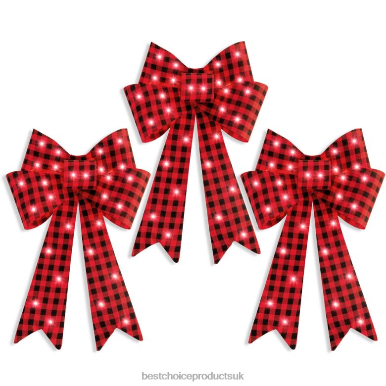 Seasonal Best Choice ProductsSet of 3 Pre-Lit Christmas Bow Decoration, LED Holiday Decor w/ 8 Functions N62R60 Plaid