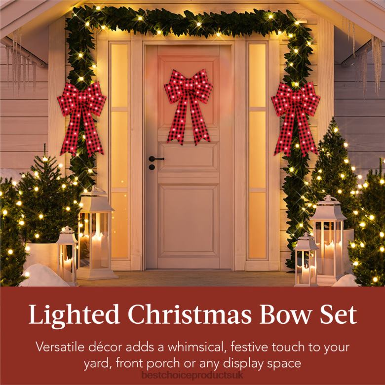 Seasonal Best Choice ProductsSet of 3 Pre-Lit Christmas Bow Decoration, LED Holiday Decor w/ 8 Functions N62R60 Plaid