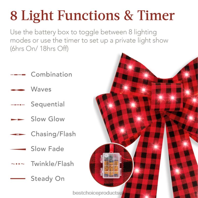 Seasonal Best Choice ProductsSet of 3 Pre-Lit Christmas Bow Decoration, LED Holiday Decor w/ 8 Functions N62R60 Plaid