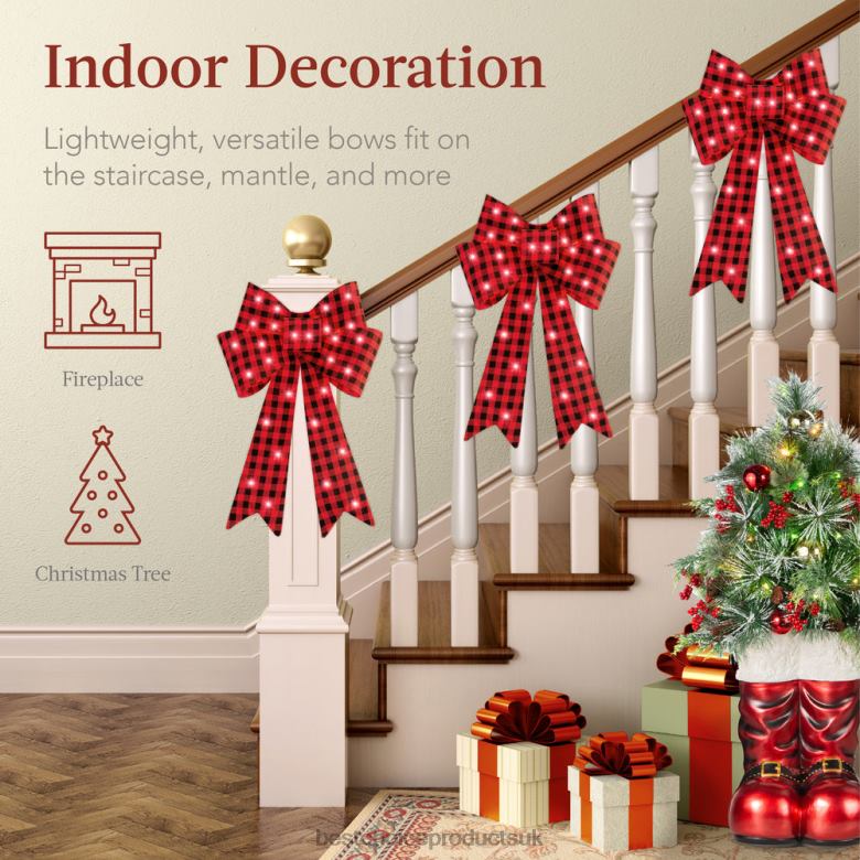 Seasonal Best Choice ProductsSet of 3 Pre-Lit Christmas Bow Decoration, LED Holiday Decor w/ 8 Functions N62R60 Plaid