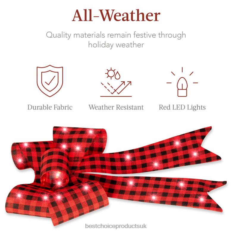 Seasonal Best Choice ProductsSet of 3 Pre-Lit Christmas Bow Decoration, LED Holiday Decor w/ 8 Functions N62R60 Plaid