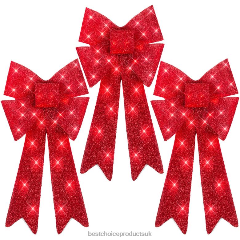 Seasonal Best Choice ProductsSet of 3 Pre-Lit Christmas Bow Decoration, LED Holiday Decor w/ 8 Functions N62R61 Red