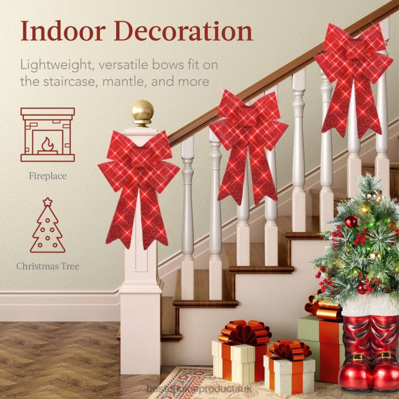 Seasonal Best Choice ProductsSet of 3 Pre-Lit Christmas Bow Decoration, LED Holiday Decor w/ 8 Functions N62R61 Red