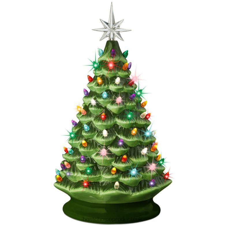 Seasonal Best Choice ProductsLarge Pre-Lit Ceramic Christmas Tree Decoration w/ LED Light, Timer N62R241 Green