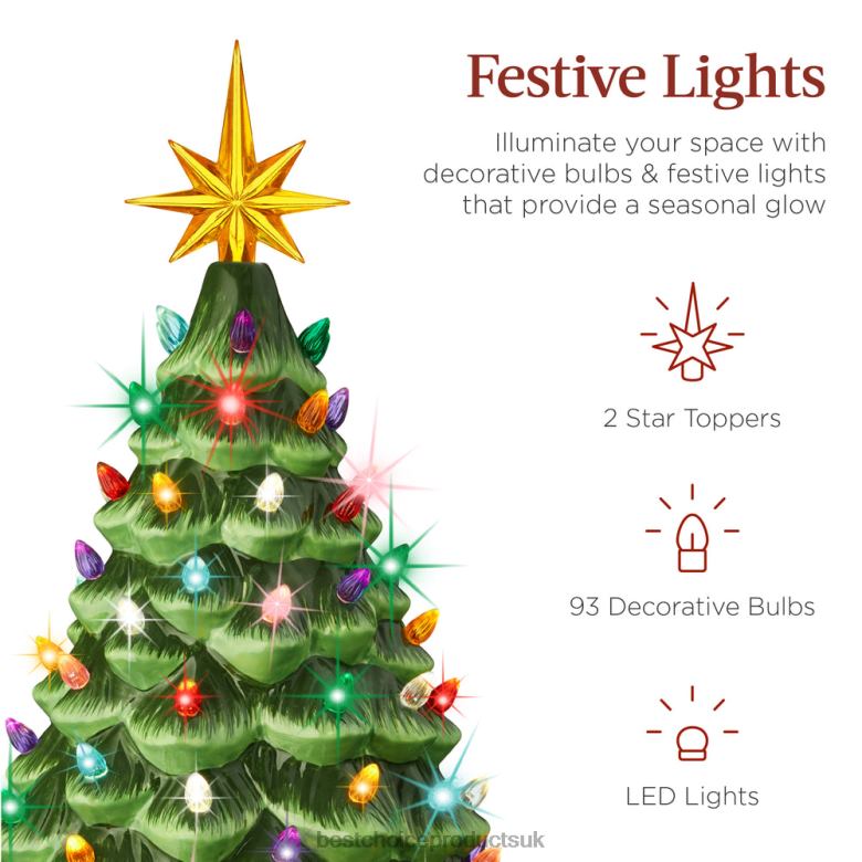 Seasonal Best Choice ProductsLarge Pre-Lit Ceramic Christmas Tree Decoration w/ LED Light, Timer N62R241 Green