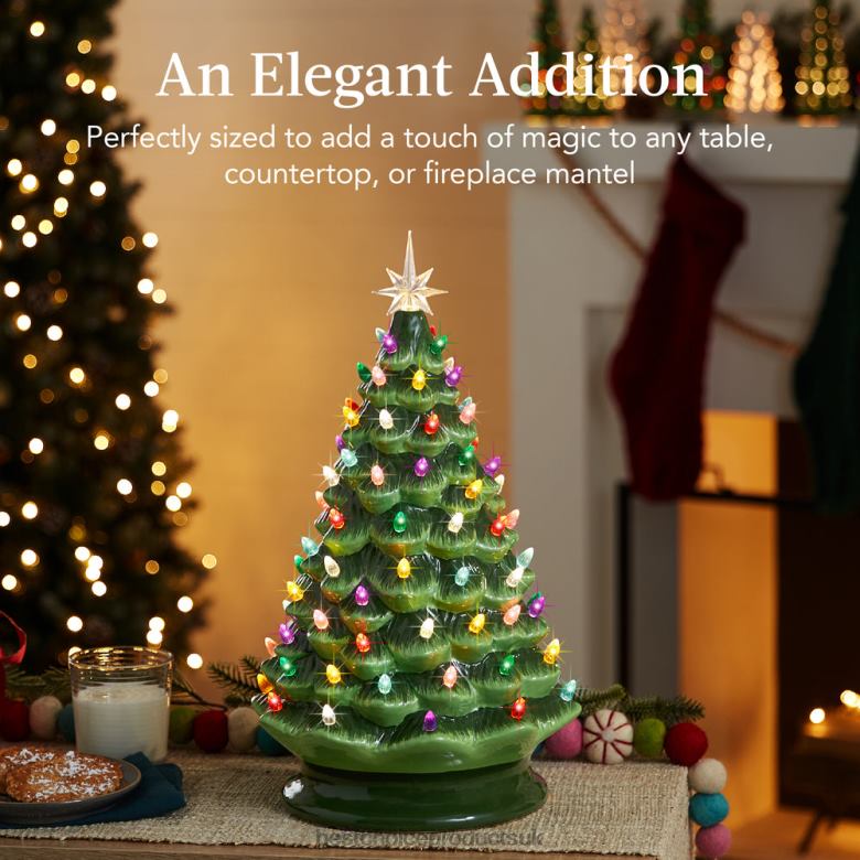 Seasonal Best Choice ProductsLarge Pre-Lit Ceramic Christmas Tree Decoration w/ LED Light, Timer N62R241 Green