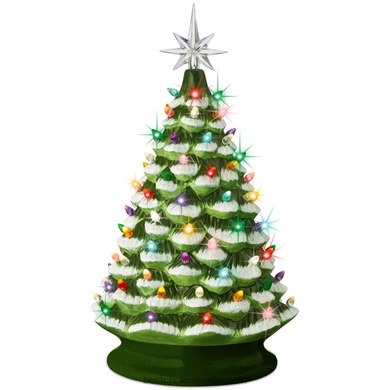 Seasonal Best Choice ProductsLarge Pre-Lit Ceramic Christmas Tree Decoration w/ LED Light, Timer N62R242 Flocked/Green
