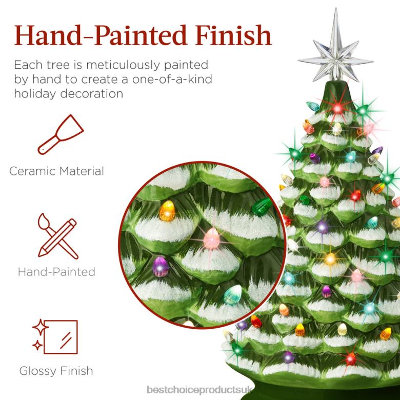 Seasonal Best Choice ProductsLarge Pre-Lit Ceramic Christmas Tree Decoration w/ LED Light, Timer N62R242 Flocked/Green