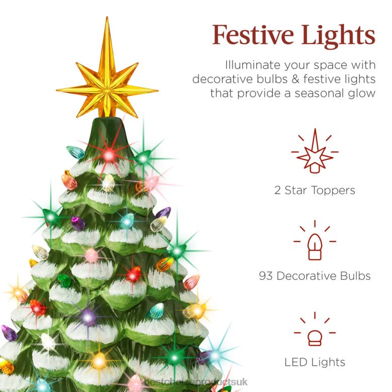 Seasonal Best Choice ProductsLarge Pre-Lit Ceramic Christmas Tree Decoration w/ LED Light, Timer N62R242 Flocked/Green