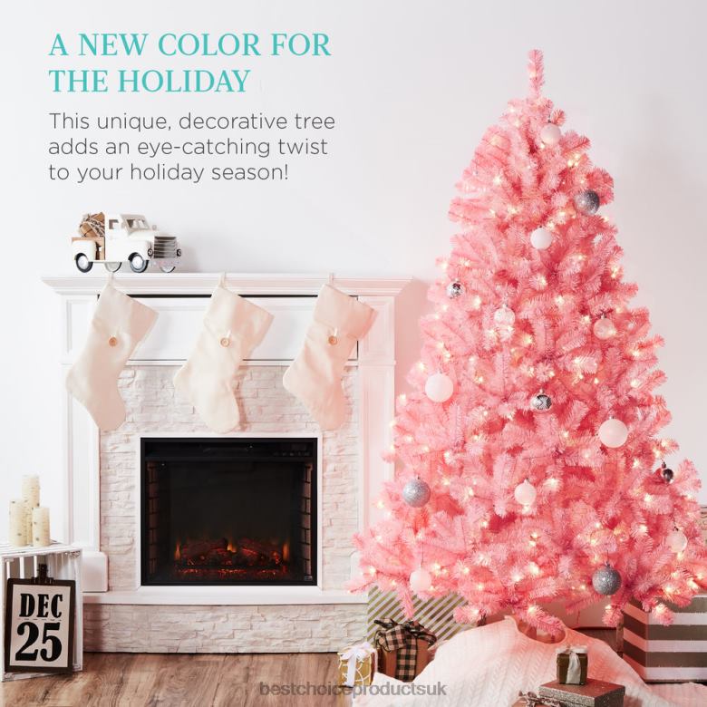 Seasonal Best Choice ProductsPre-Lit Artificial Pink Christmas Tree w/ Incandescent Lights N62R173 Metal Stand