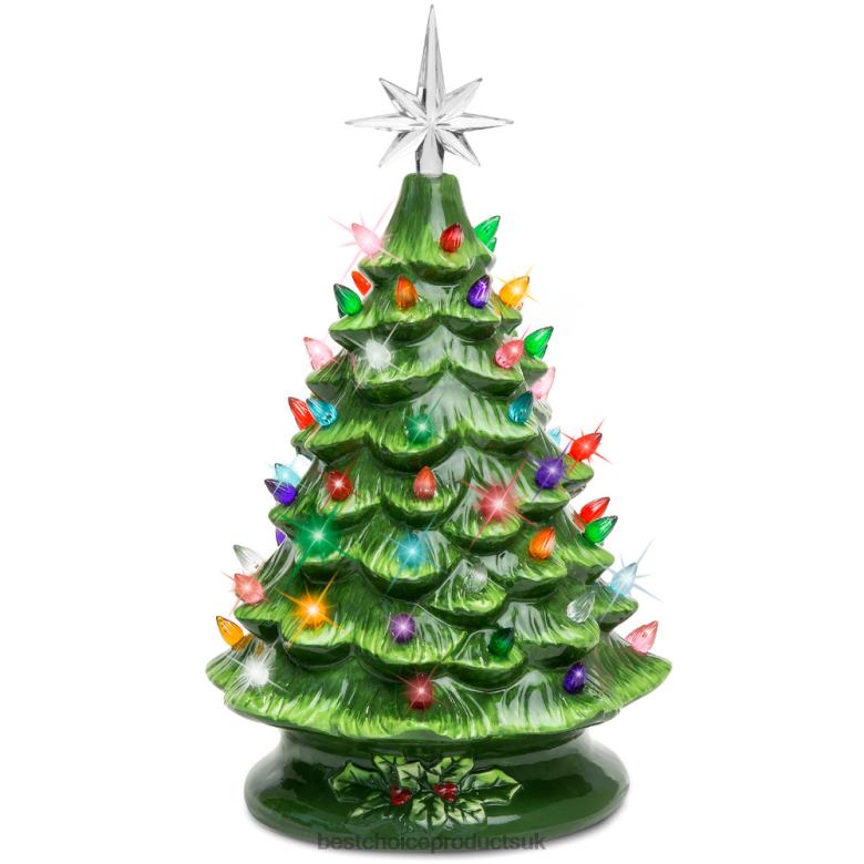 Seasonal Best Choice ProductsPre-Lit Ceramic Tabletop Christmas Tree with Lights- 15in N62R216 Green w/ Multicolored Lights