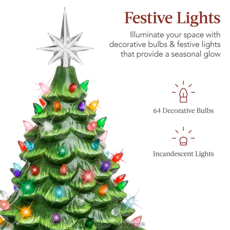 Seasonal Best Choice ProductsPre-Lit Ceramic Tabletop Christmas Tree with Lights- 15in N62R216 Green w/ Multicolored Lights