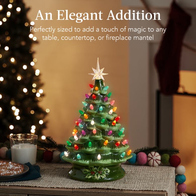 Seasonal Best Choice ProductsPre-Lit Ceramic Tabletop Christmas Tree with Lights- 15in N62R216 Green w/ Multicolored Lights