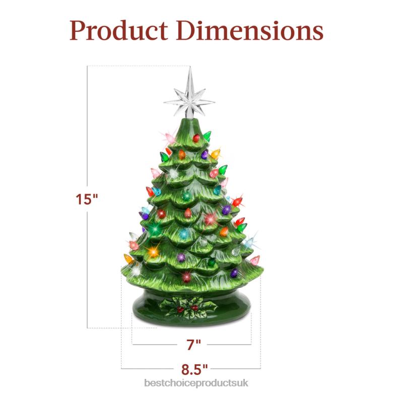 Seasonal Best Choice ProductsPre-Lit Ceramic Tabletop Christmas Tree with Lights- 15in N62R216 Green w/ Multicolored Lights