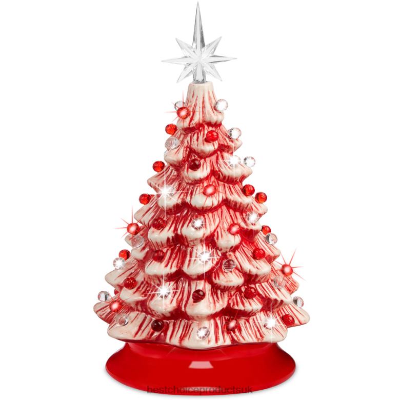 Seasonal Best Choice ProductsPre-Lit Ceramic Tabletop Christmas Tree with Lights- 15in N62R218 Peppermint w/ Red and White Lights