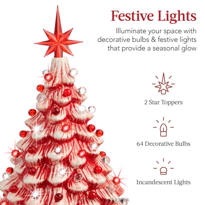Seasonal Best Choice ProductsPre-Lit Ceramic Tabletop Christmas Tree with Lights- 15in N62R218 Peppermint w/ Red and White Lights
