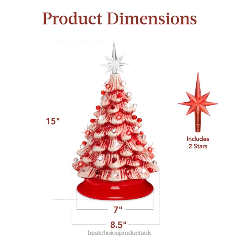 Seasonal Best Choice ProductsPre-Lit Ceramic Tabletop Christmas Tree with Lights- 15in N62R218 Peppermint w/ Red and White Lights