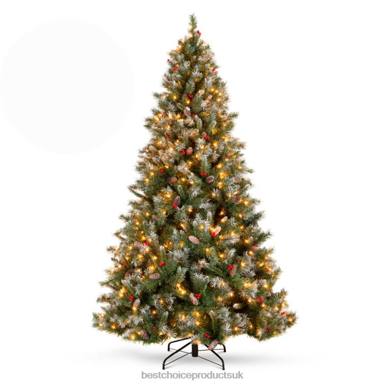 Seasonal Best Choice ProductsPre-Lit Christmas Pine Tree w/ Pine Cones, Flocked Branch Tips N62R2 Berries