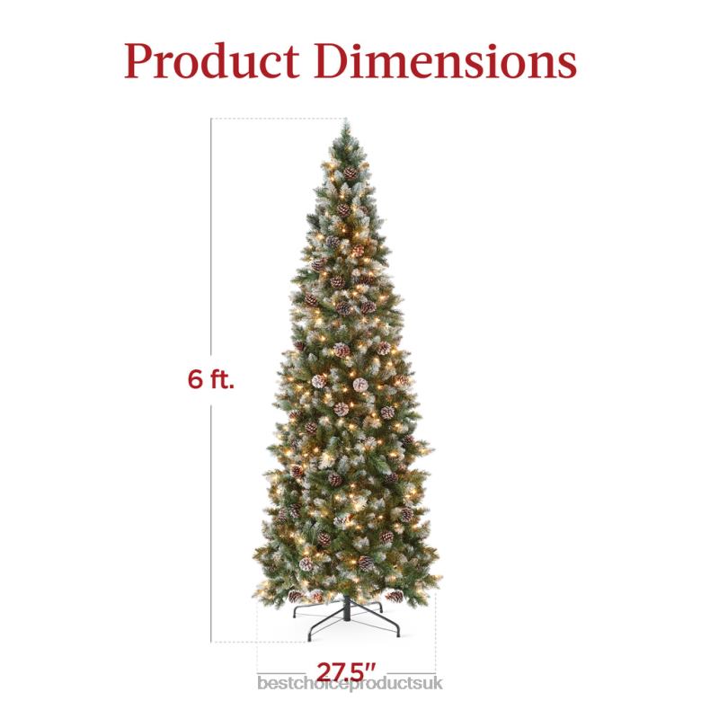 Seasonal Best Choice ProductsPre-Lit Partially Flocked Pencil Christmas Tree w/ Pine Cones N62R150 Metal Stand
