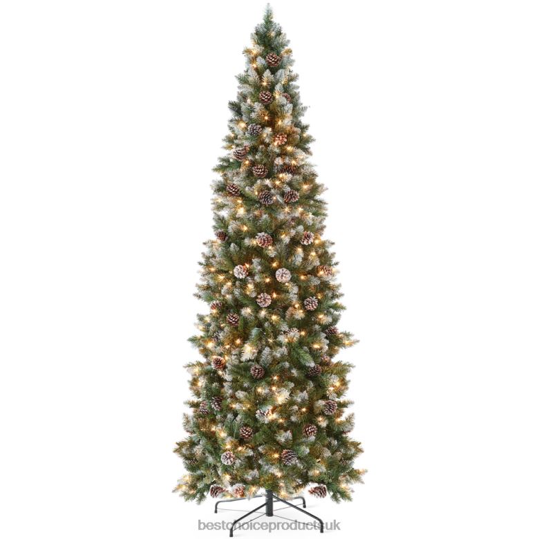 Seasonal Best Choice ProductsPre-Lit Partially Flocked Pencil Christmas Tree w/ Pine Cones N62R151 Metal Stand