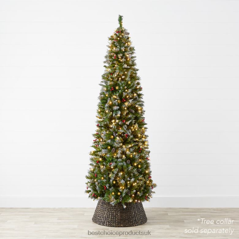 Seasonal Best Choice ProductsPre-Lit Partially Flocked Spruce Pencil Tree w/ Berries, Pine Cones N62R154 Beauty