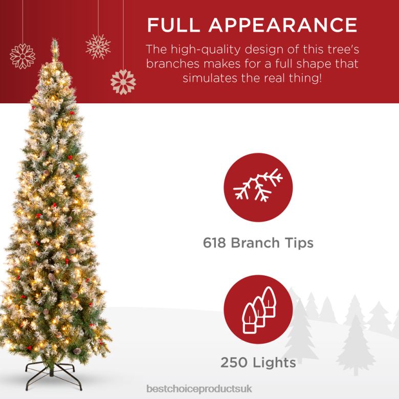 Seasonal Best Choice ProductsPre-Lit Partially Flocked Spruce Pencil Tree w/ Berries, Pine Cones N62R154 Beauty