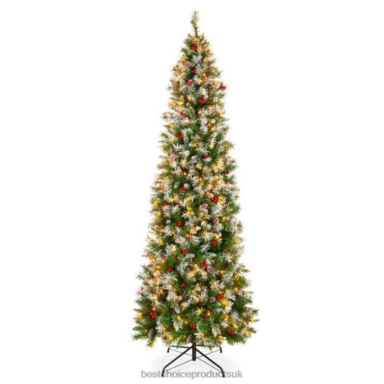 Seasonal Best Choice ProductsPre-Lit Partially Flocked Spruce Pencil Tree w/ Berries, Pine Cones N62R156 Beauty