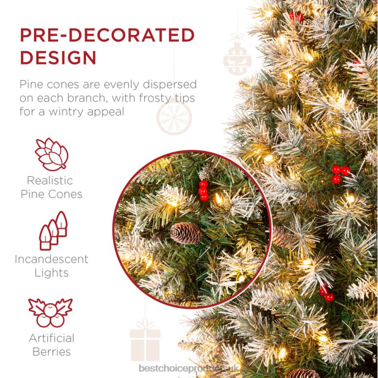 Seasonal Best Choice ProductsPre-Lit Partially Flocked Spruce Pencil Tree w/ Berries, Pine Cones N62R157 Beauty