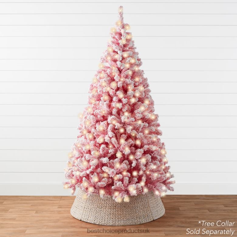 Seasonal Best Choice ProductsPre-Lit Pink Christmas Tree Flocked Full Holiday Decor w/ Metal Base N62R181 Beauty
